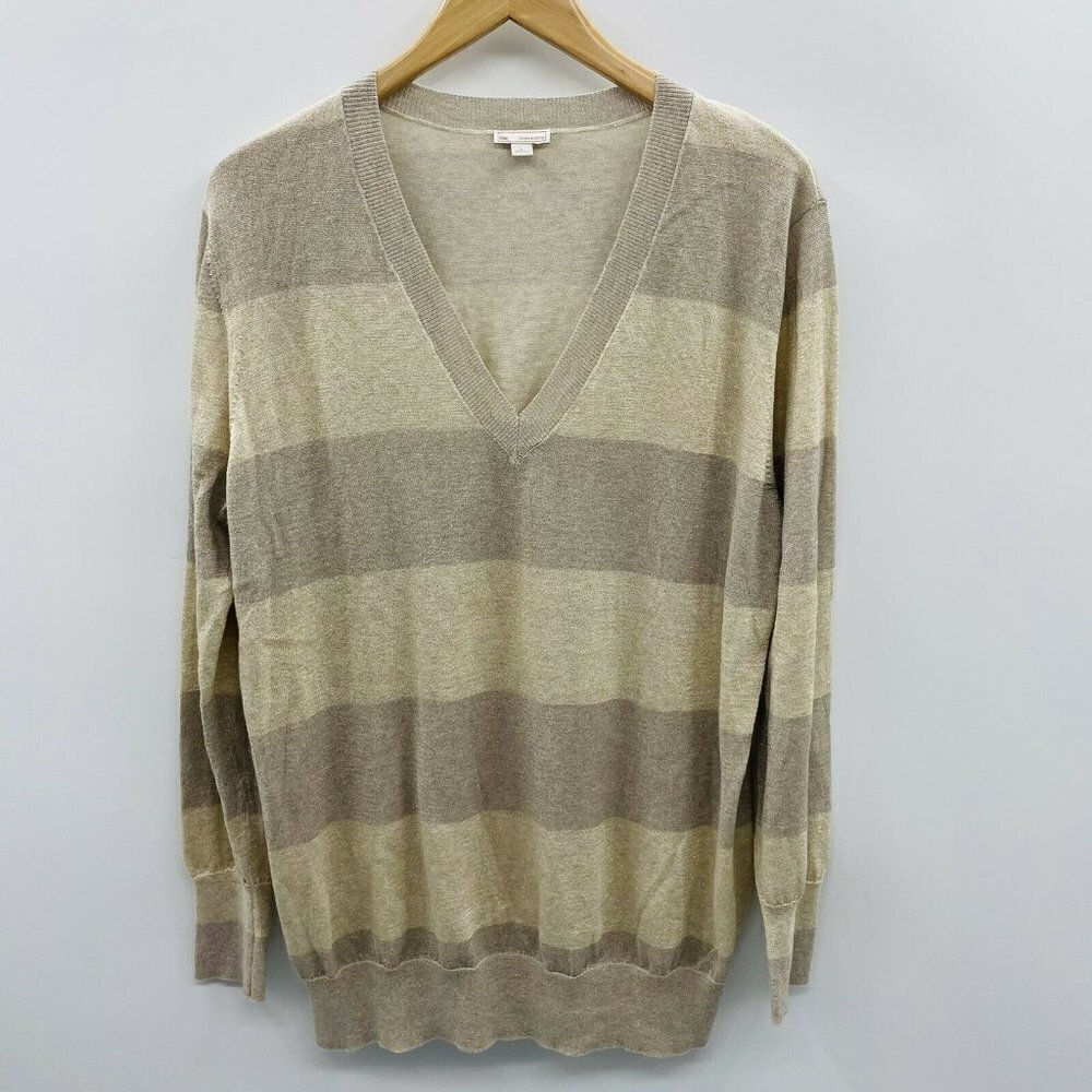GAP Womens Size Large Long Sleeve Metallic Striped Pullover Sweater Beige 617